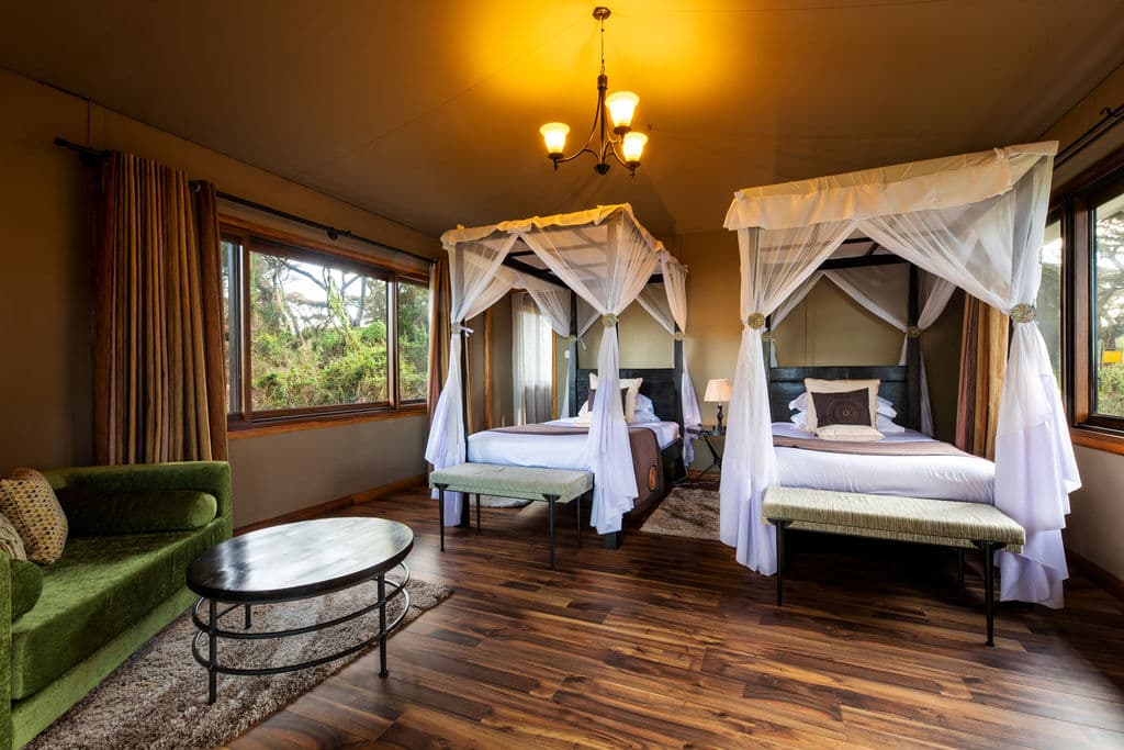 Two four-poster beds under white mosquito nets in a canvas-roofed room with a hardwood floor